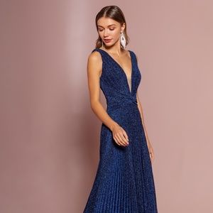 Navy Prom/Formal Full Length Dress Illusion Deep V-Neck